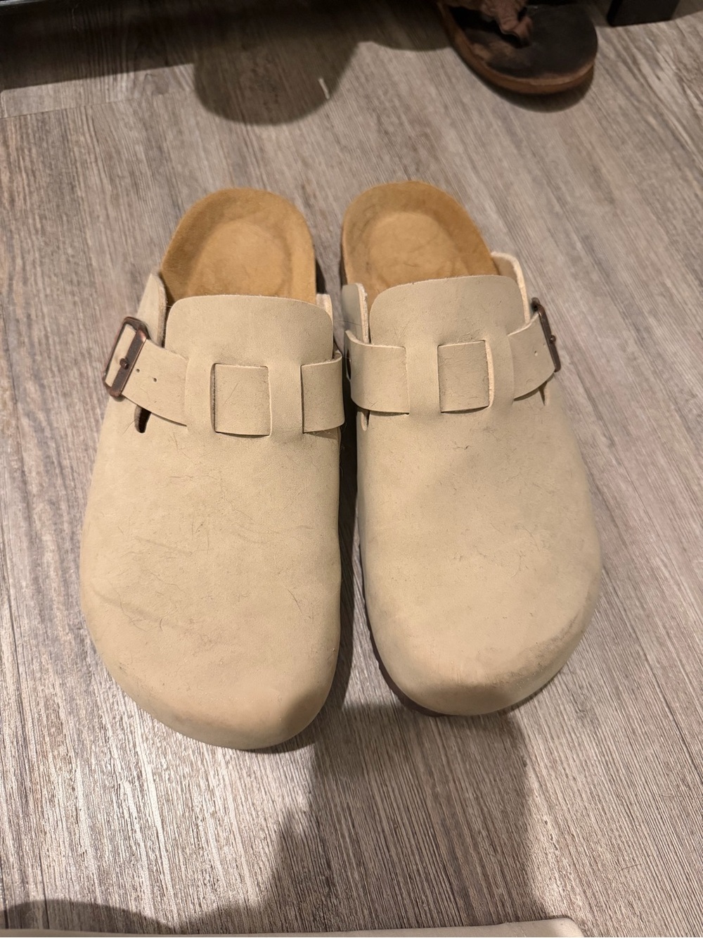 Women’s Neutral Suede Slip-On Clogs with Buckle Detail